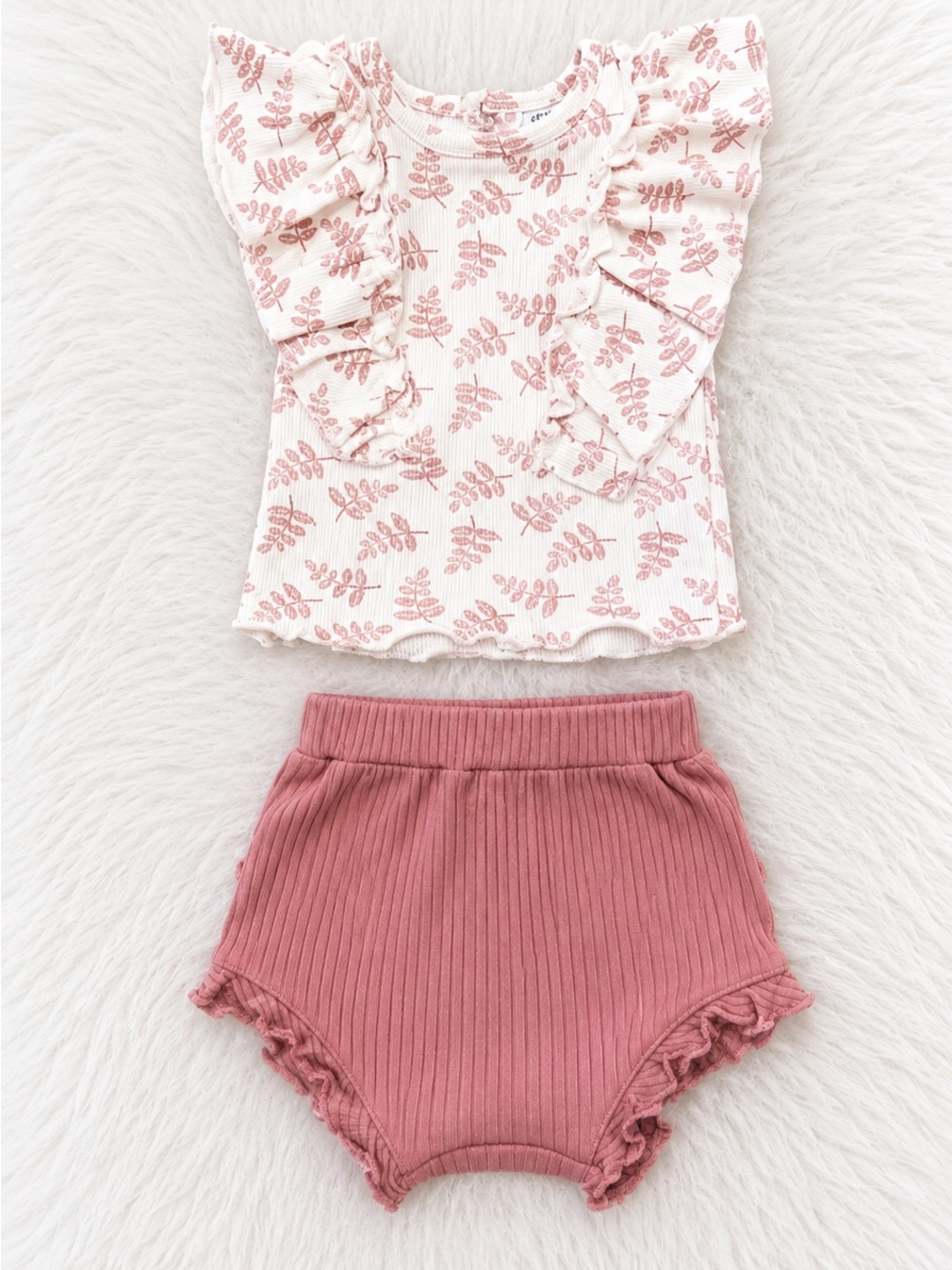 Girls' Pink Ribbed Bloomers & Cream Floral Ruffle Top Set